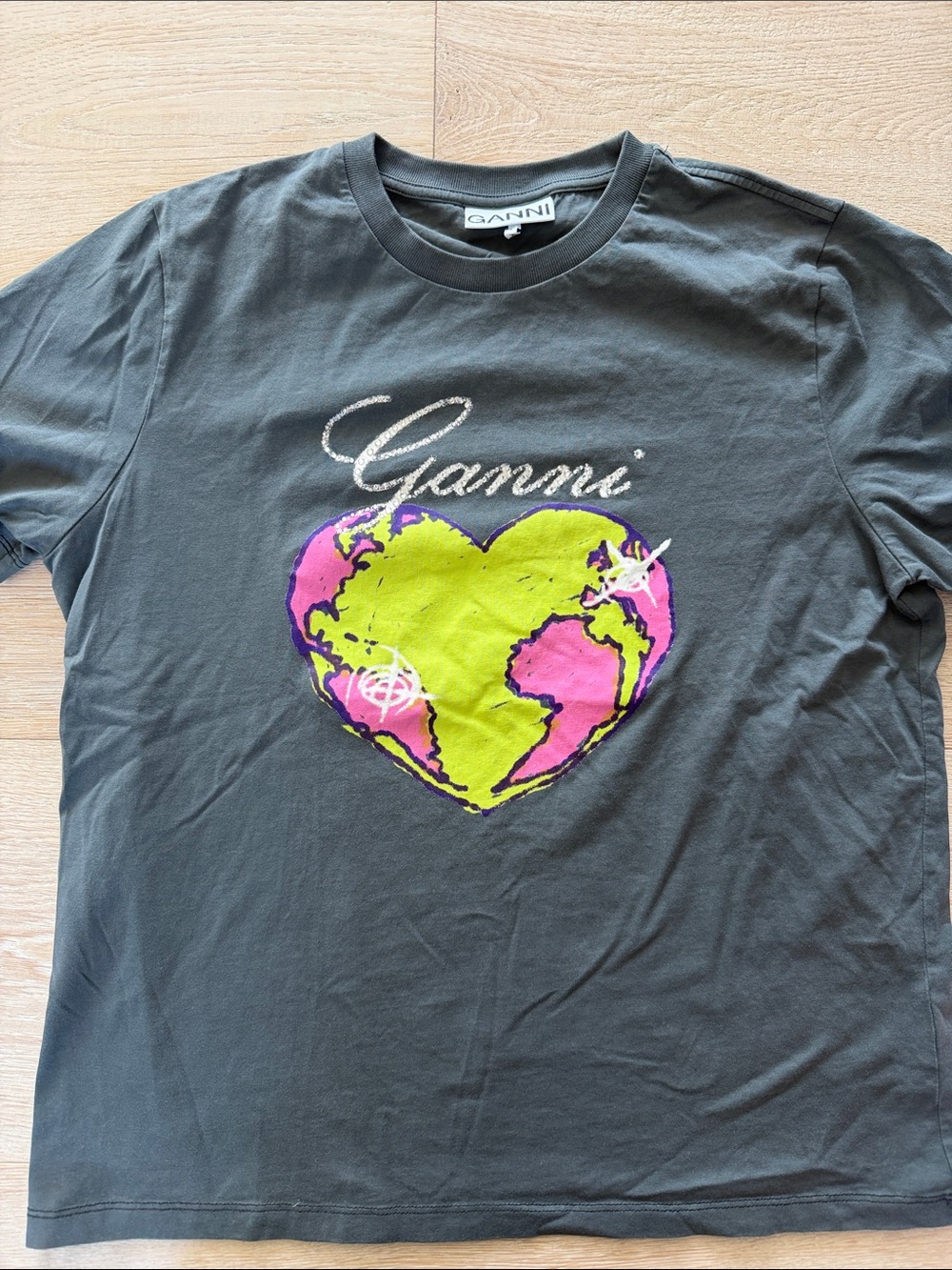 Ganni womens grey Logo Heart Globe Tee